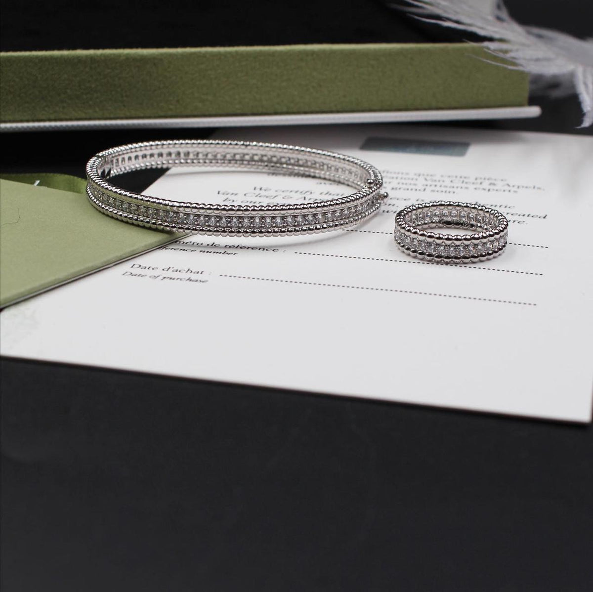 Van Cleef Beaded Stone Row Gold Ring and Bracelet Set