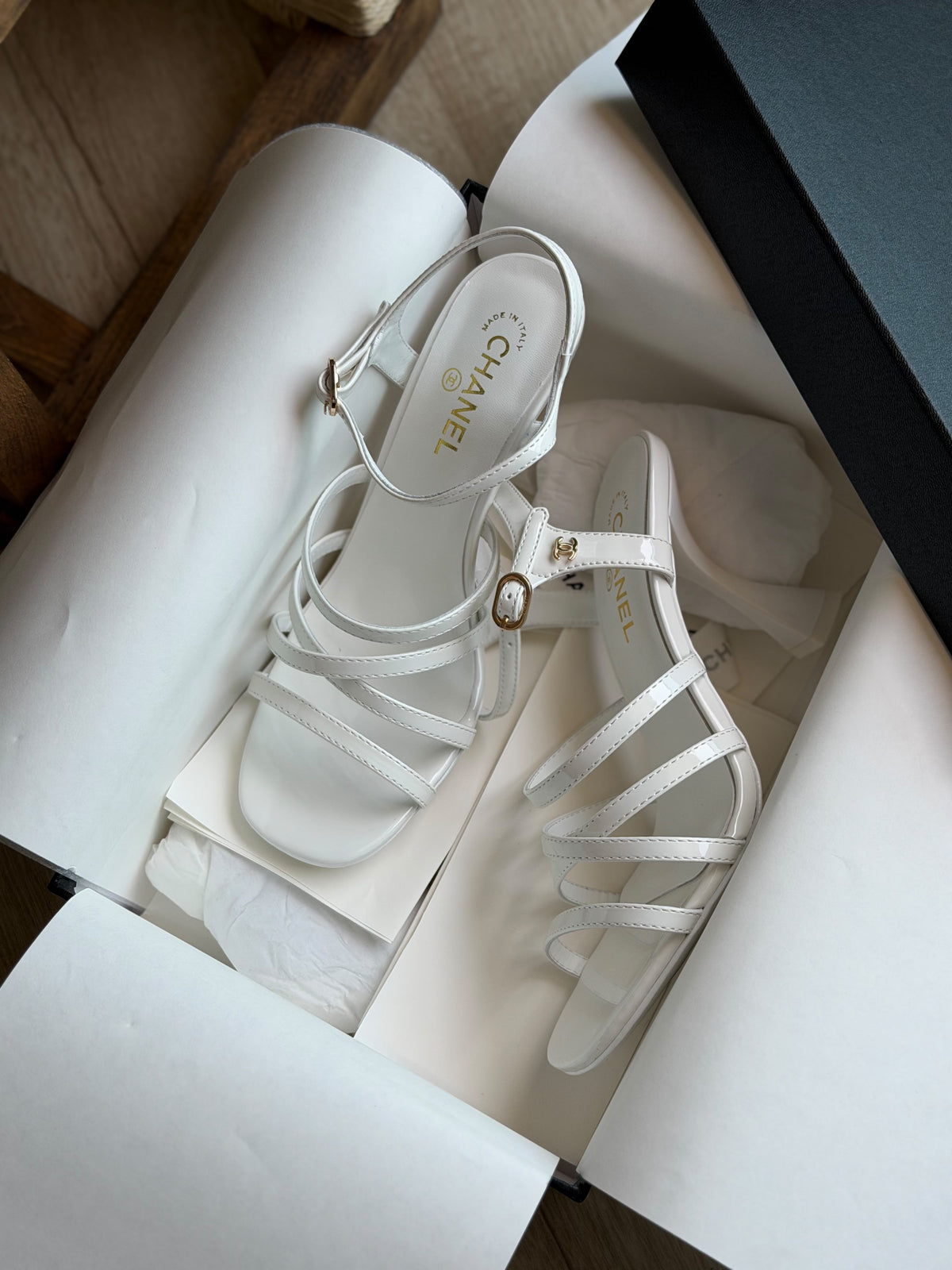 Chanel White Leather Strappy Heeled Sandals