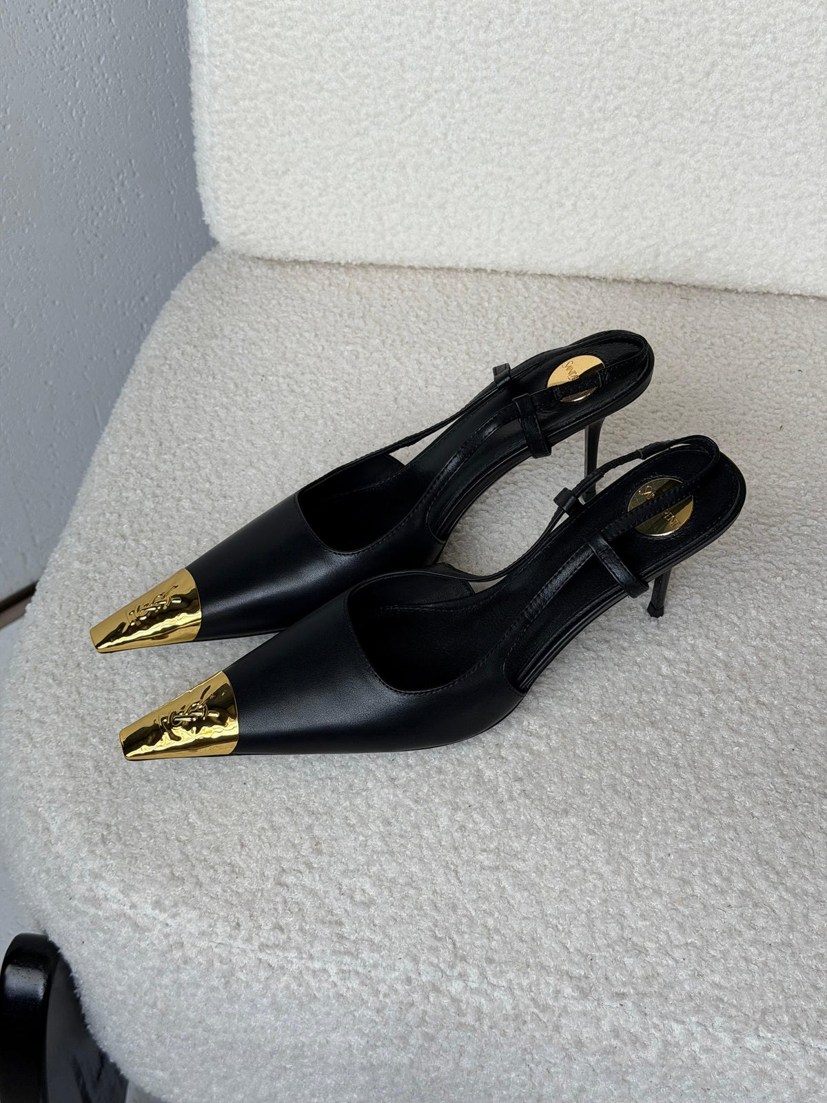 Saint Laurent Jeanne Leather Slingback Pumps with Metal Cap Toe