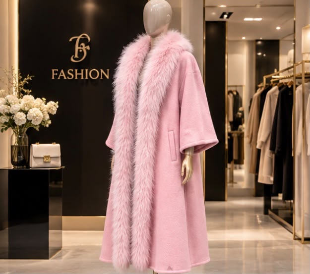 Max Mara Pink Cashmere Coat with Fur Trim