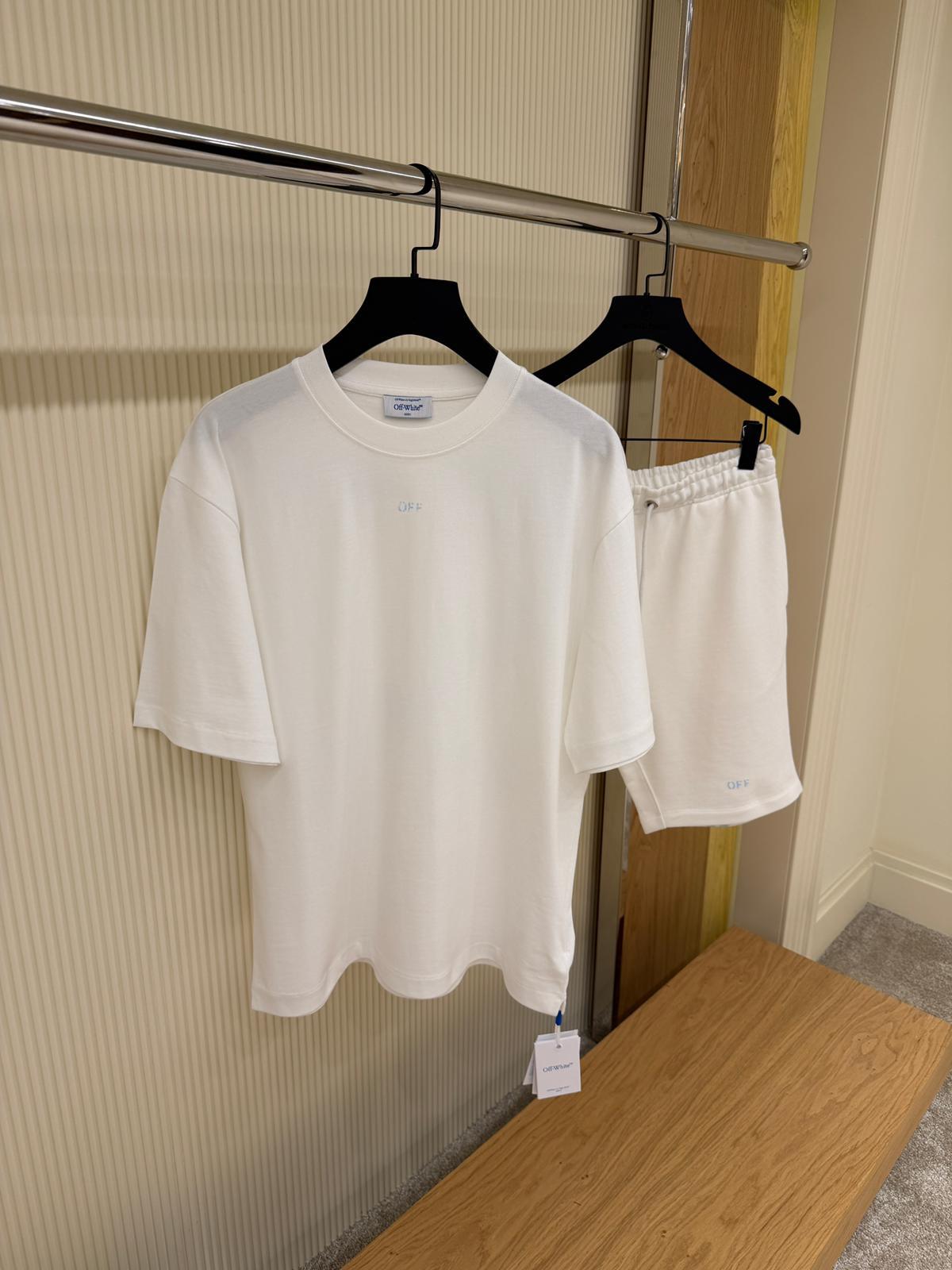 Off White Men White Blue Arrow Tee Shorts Set