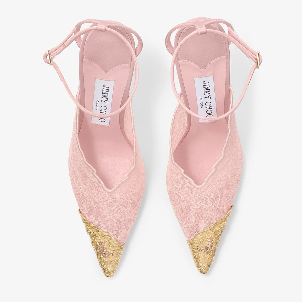 Jimmy Choo Faiz 100 Pink Lace & Metal Toe Cap Pumps