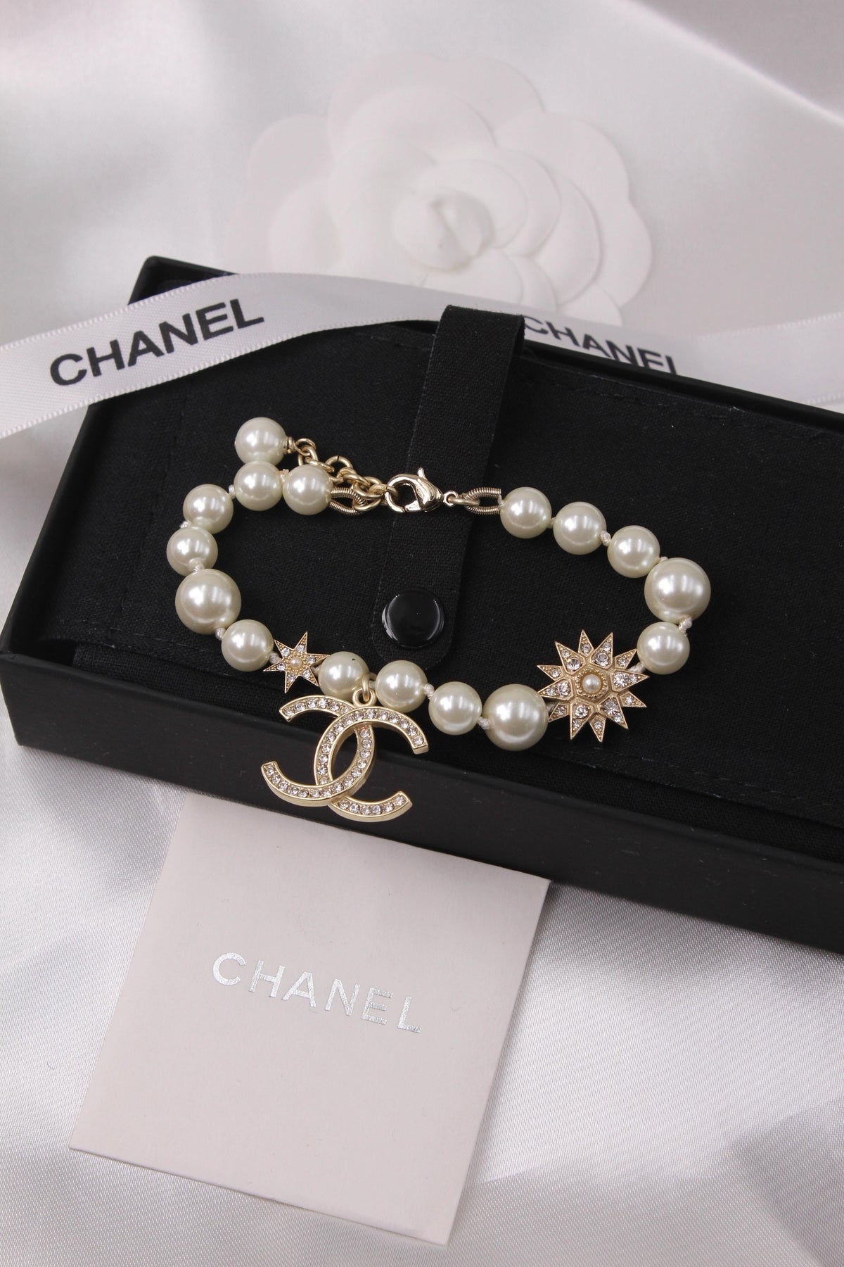Chanel-Inspired Pearl Bracelet with Gold CC & Star Charms