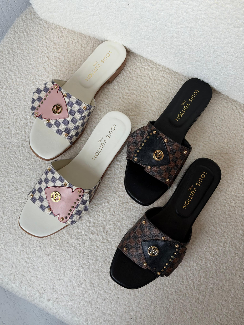 Louis Vuitton Damier Ebene Studded Flat Slide Sandals
