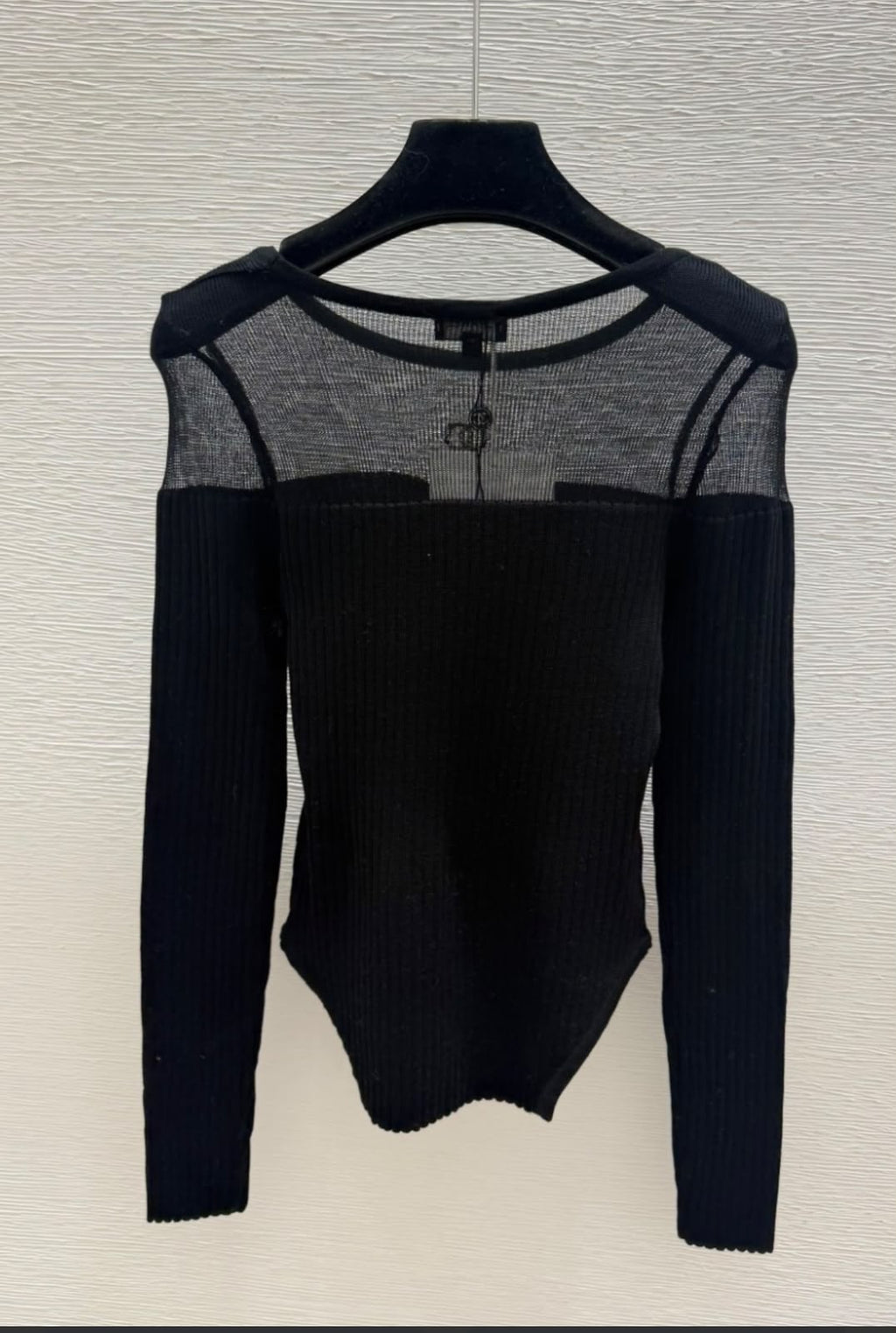 Chanel Sheer Mesh Paneled Long-Sleeve Knit Top with CC Hardware