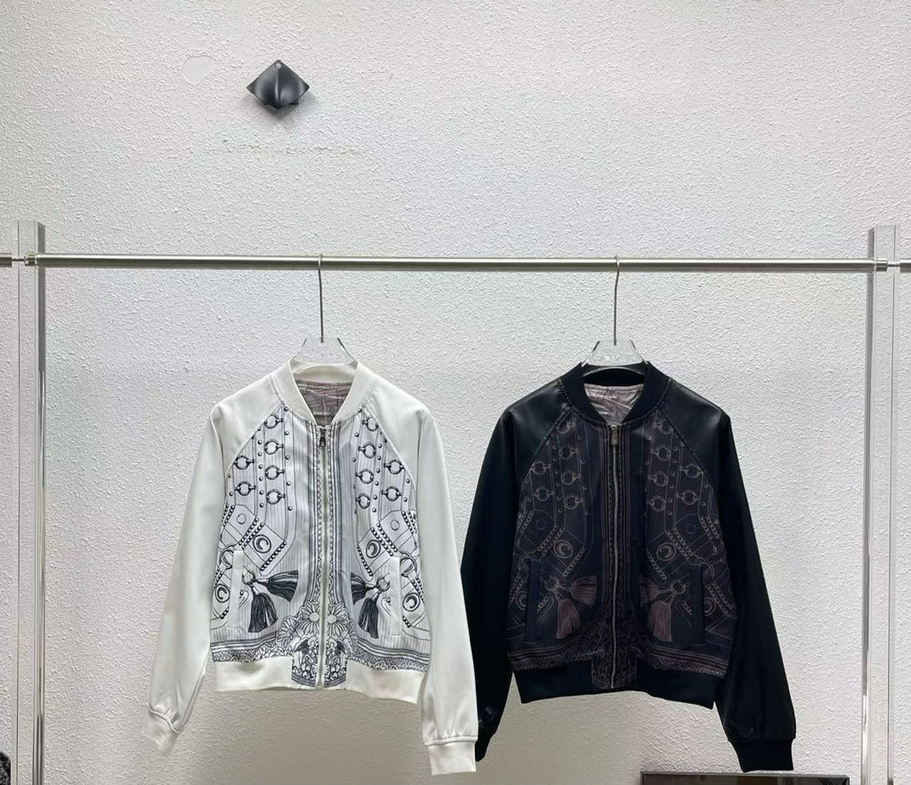 : Dior Printed Silk & Leather-Style Bomber Jacket