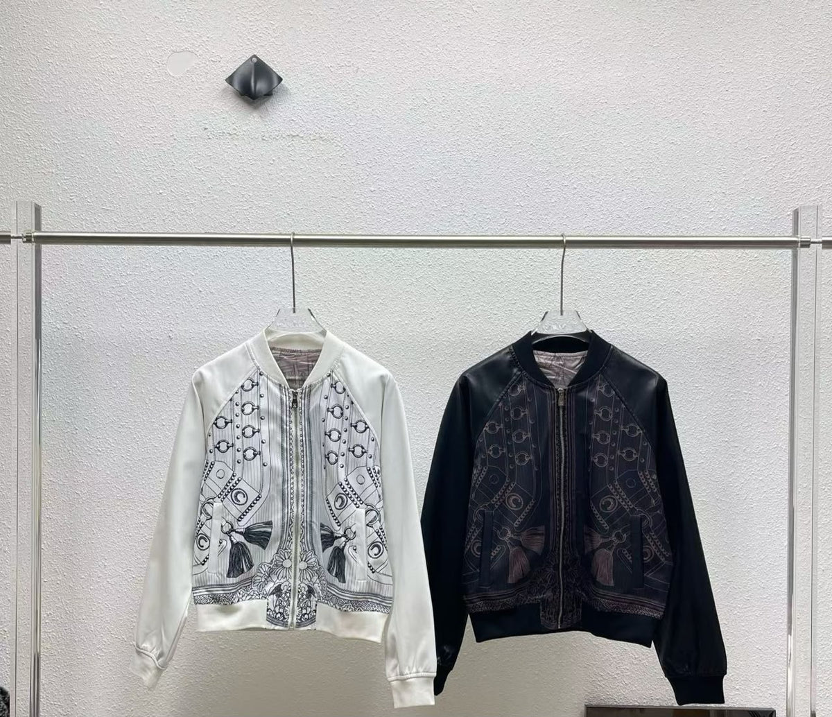 : Dior Printed Silk & Leather-Style Bomber Jacket