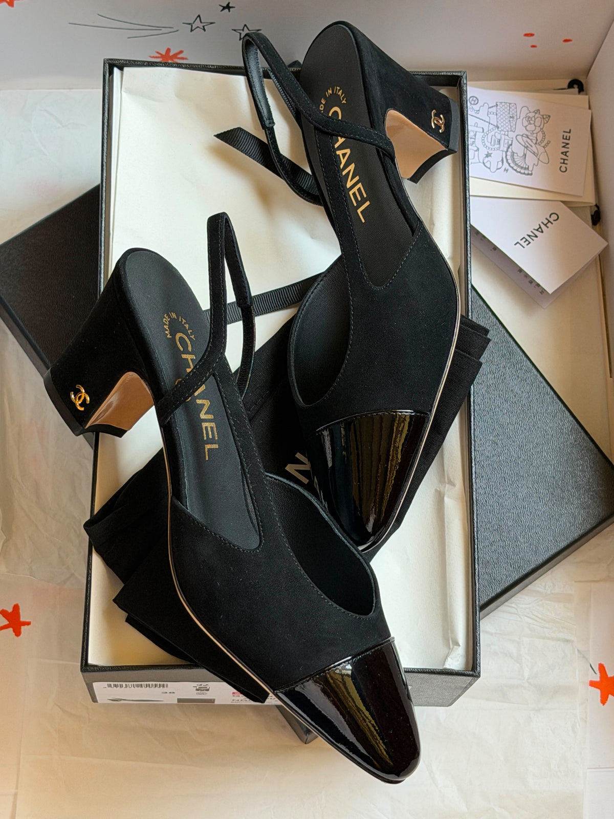 Chanel Black Tweed & Patent Cap-Toe Slingback Block Heel Pumps