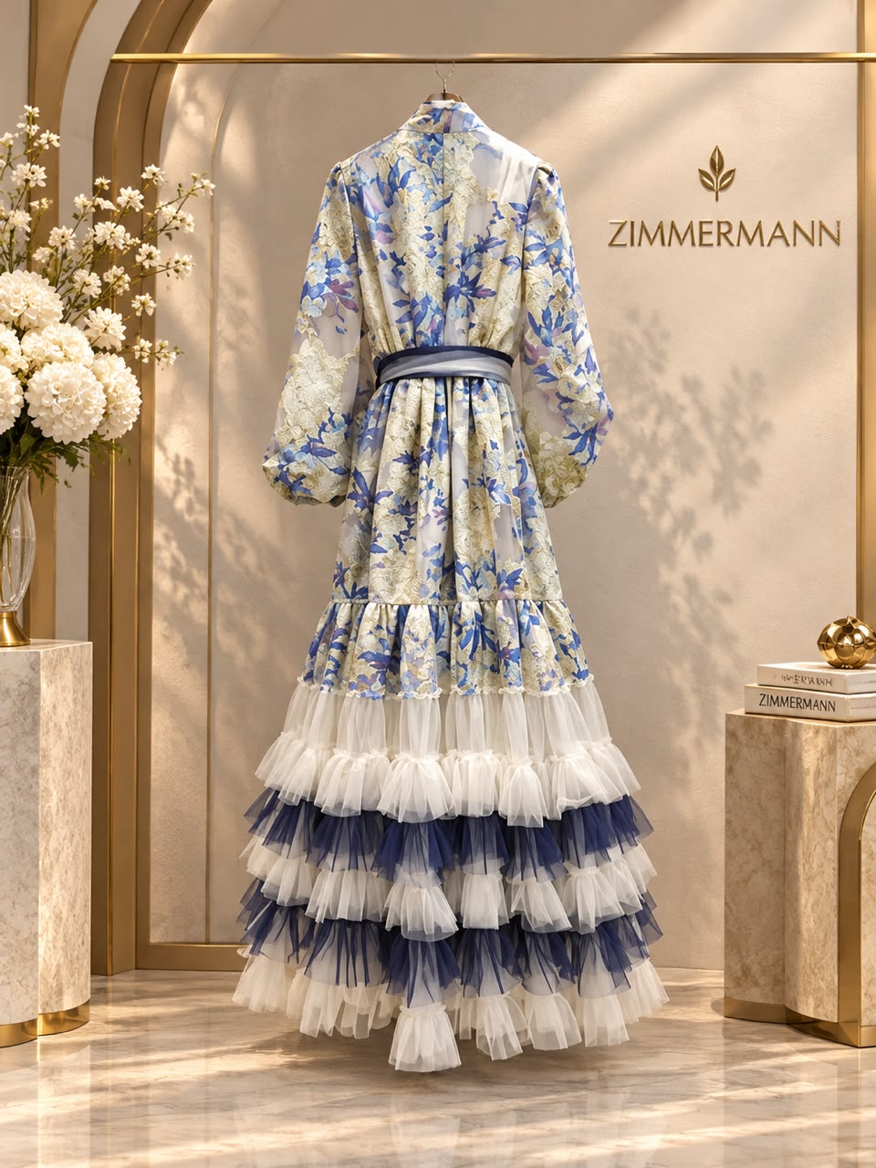 Zimmermann Printed Silk & Tiered Tulle Midi Dress with Belt