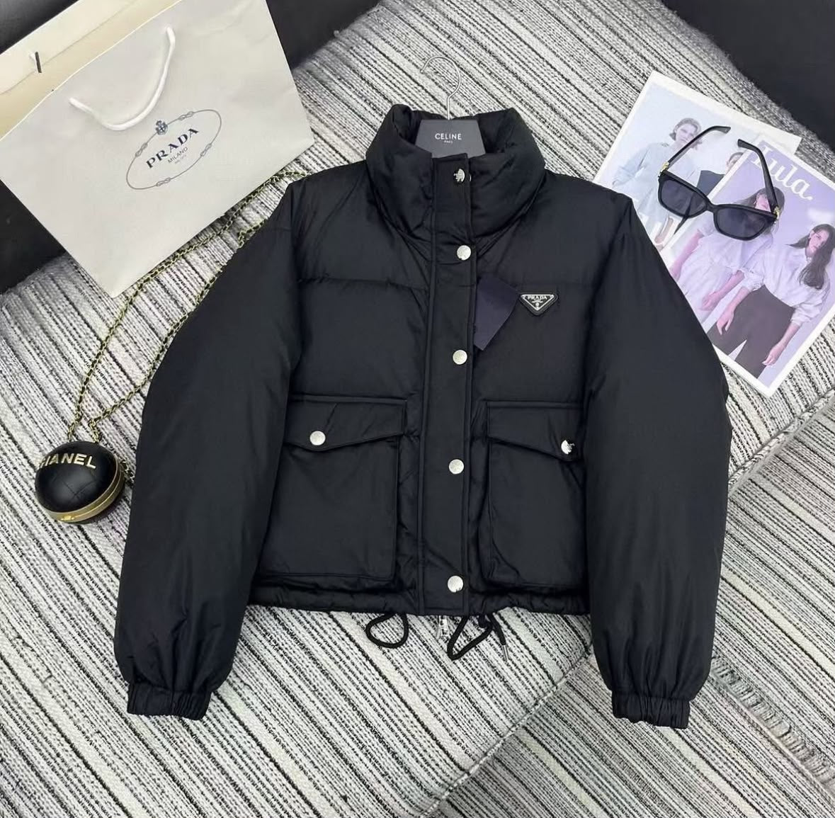Prada Cropped Re-Nylon Down Jacket with Flap Pockets