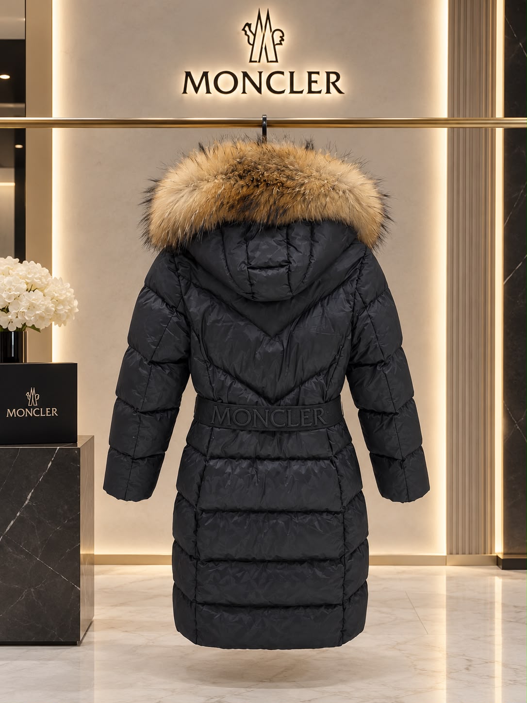 Moncler Long Down Puffer Coat with Fur-Trimmed Hood