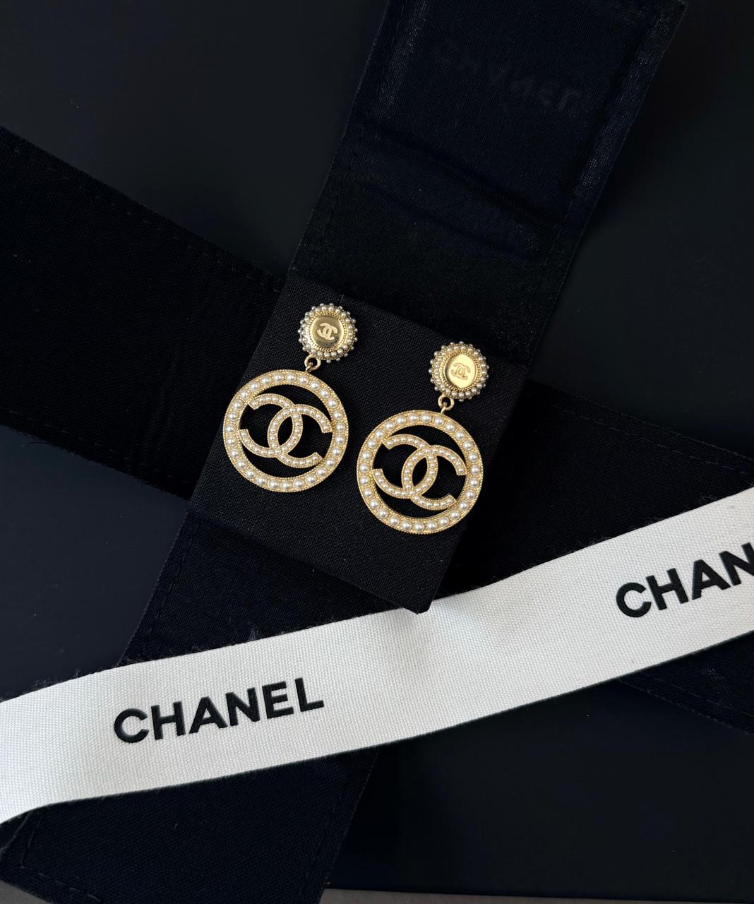 Chanel CC Crystal Pearl Circle Drop Earrings
