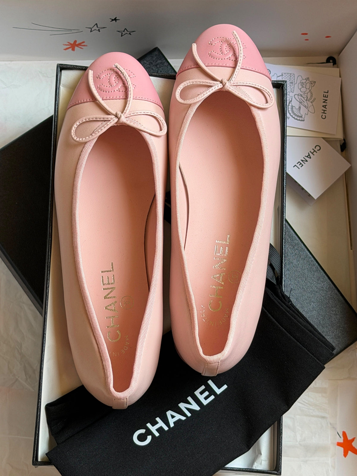 Chanel Two-Tone Pink Leather Ballet Flats with Bow & CC Logo