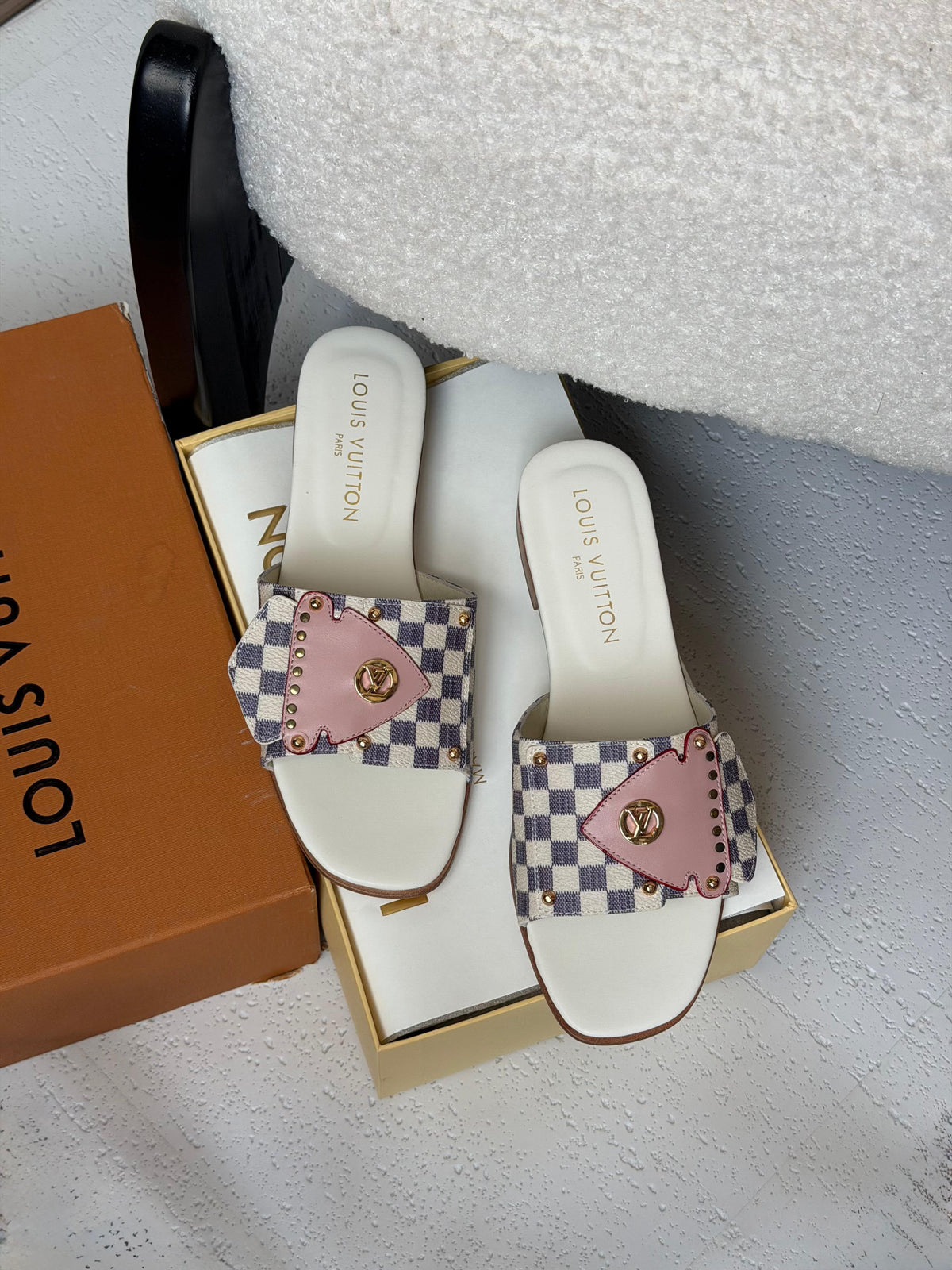 Louis Vuitton Damier Ebene Studded Flat Slide Sandals