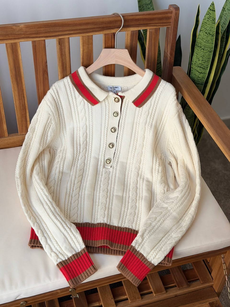 Chanel Cream Cable-Knit Polo Sweater with Red and Brown Trim