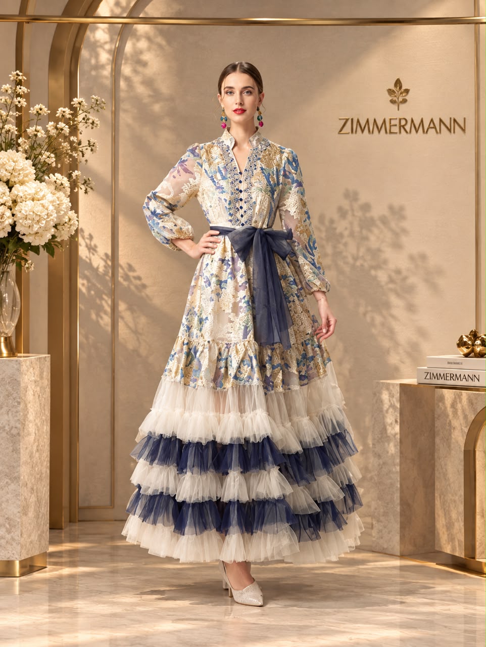 Zimmermann Printed Silk & Tiered Tulle Midi Dress with Belt