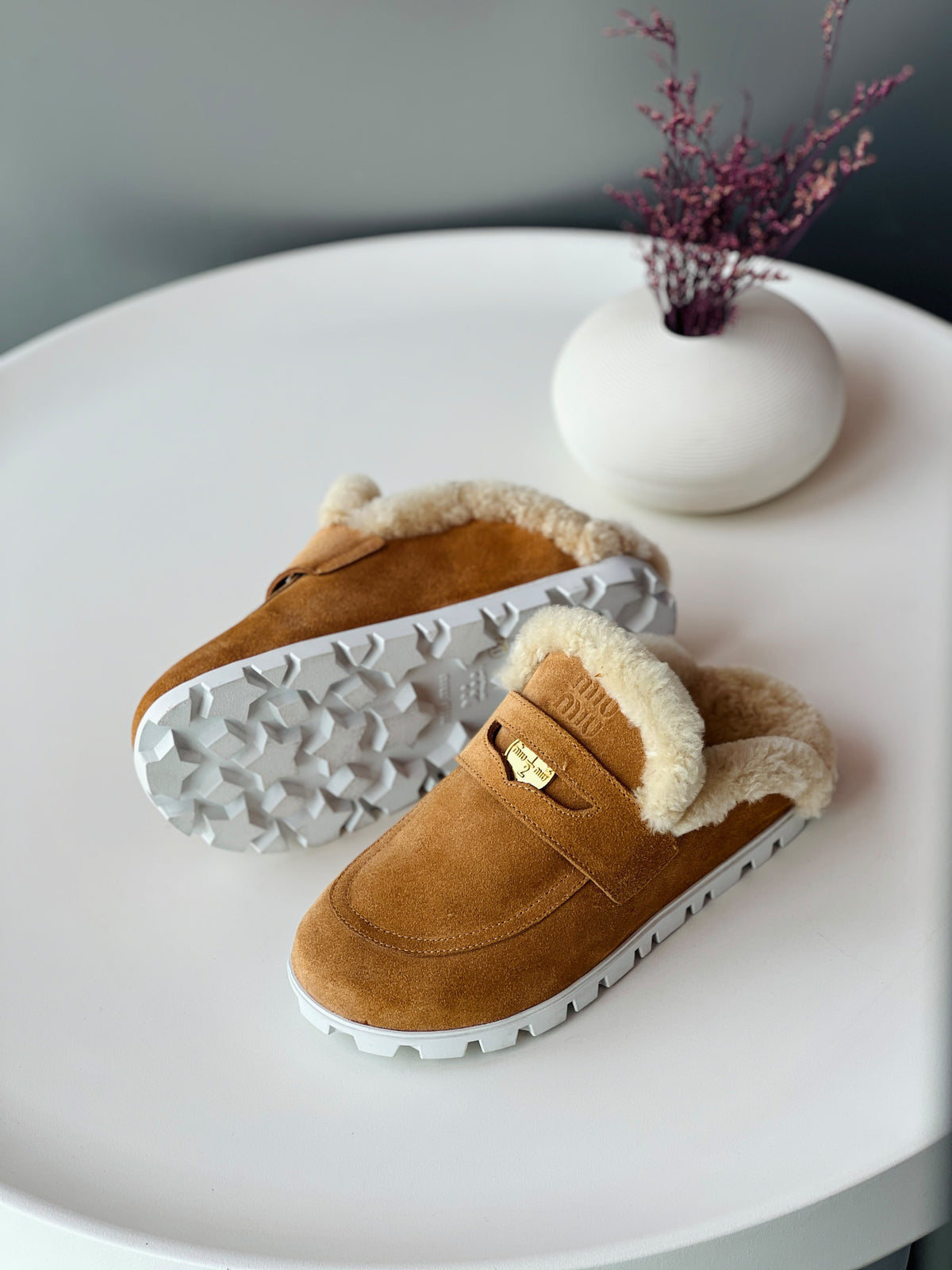 Miu Miu Shearling-Lined Suede Loafers
