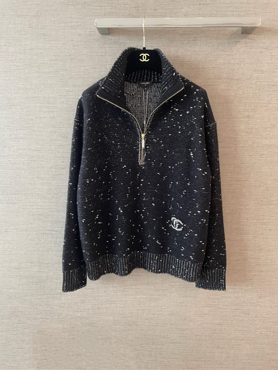 Chanel Black and White Speckled Knit Quarter-Zip