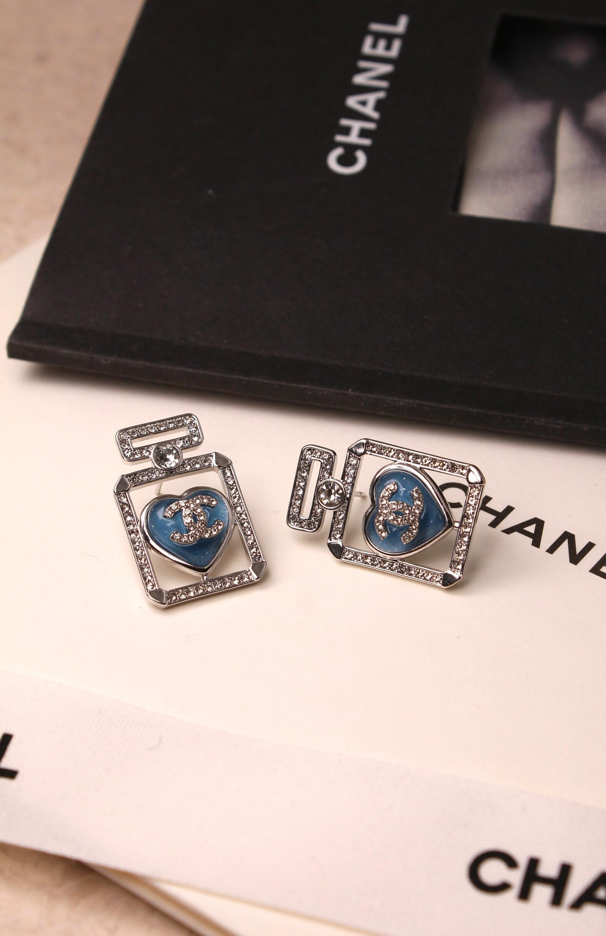 Chanel Blue Heart Crystal Earrings