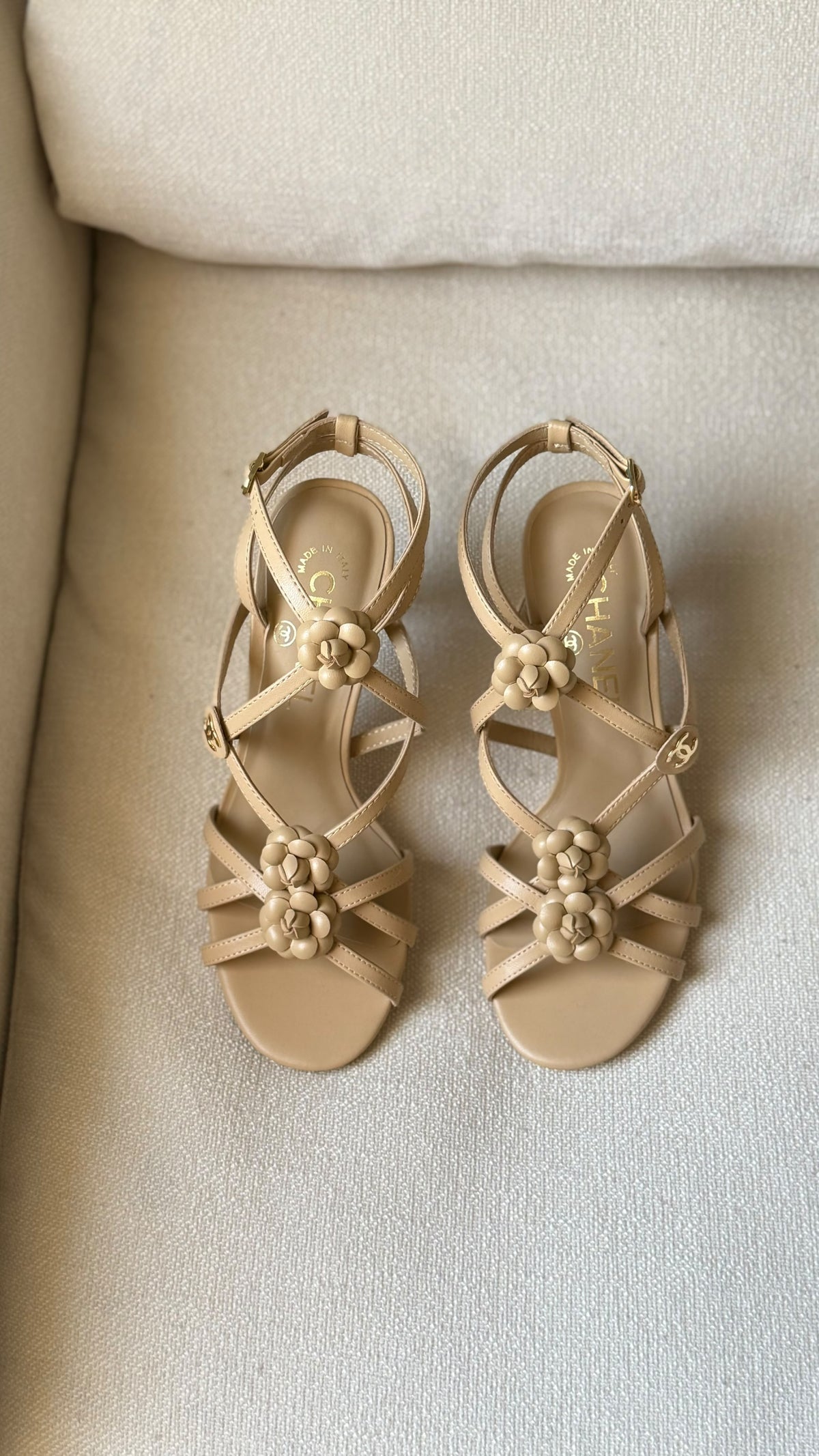 Chanel Camellia Flower Strappy Heeled Sandals