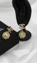CHANEL – Gold CC Pearl Ball Drop Earrings