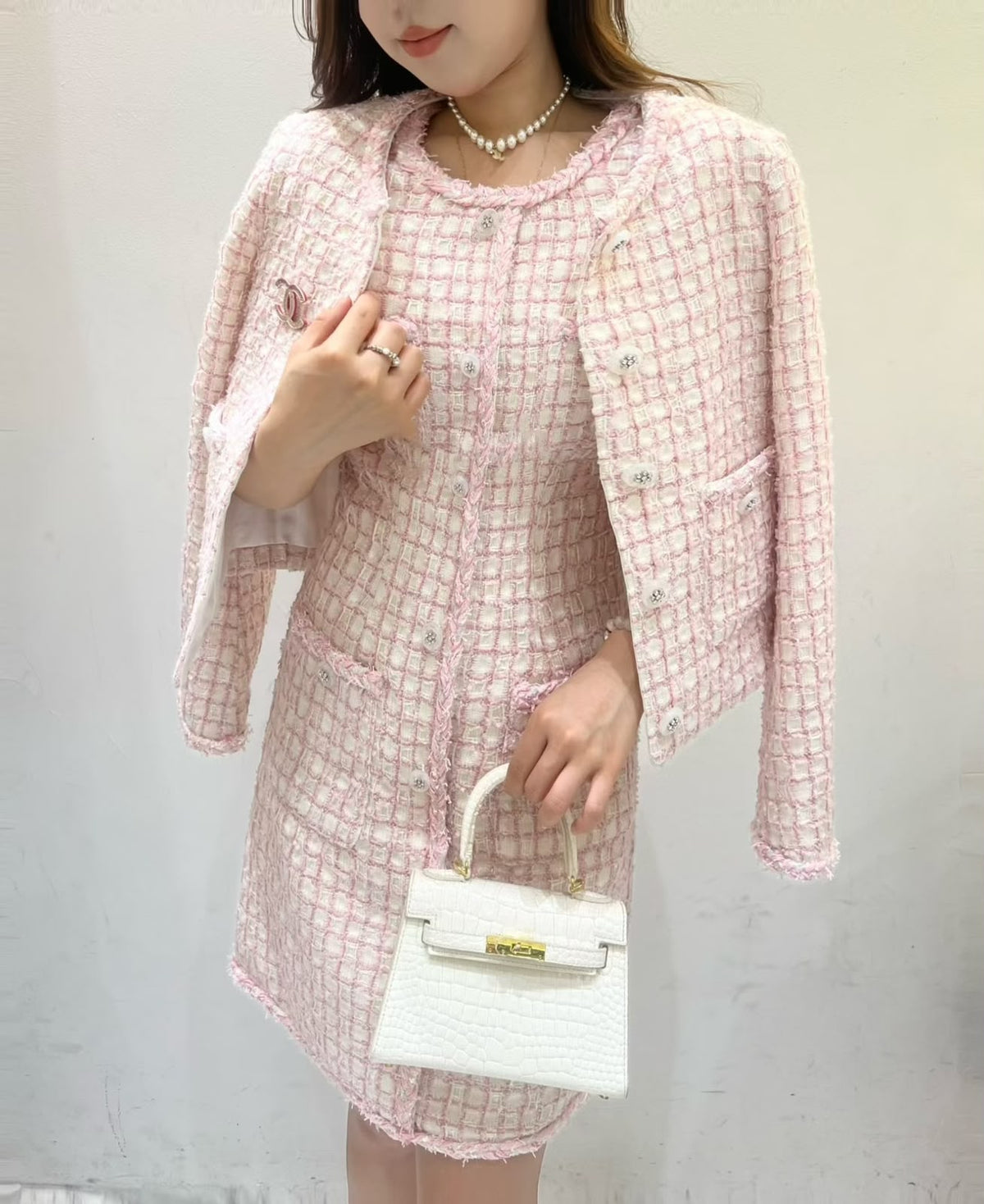 Chanel Pink Tweed Jacket & Dress Suit Set