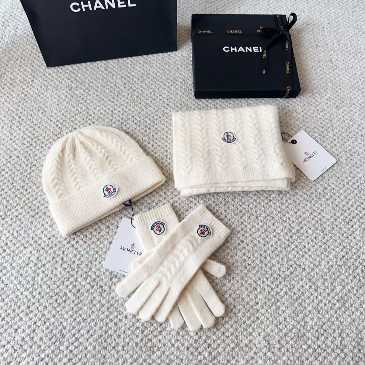 MONCLER Scarf Beanie & Gloves Set
