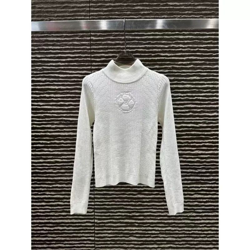 Chanel Camellia Embossed Ribbed High-Neck Knit Sweater
