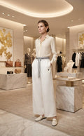 White Silk/Satin Wide-Leg Pants with Striped Waistband