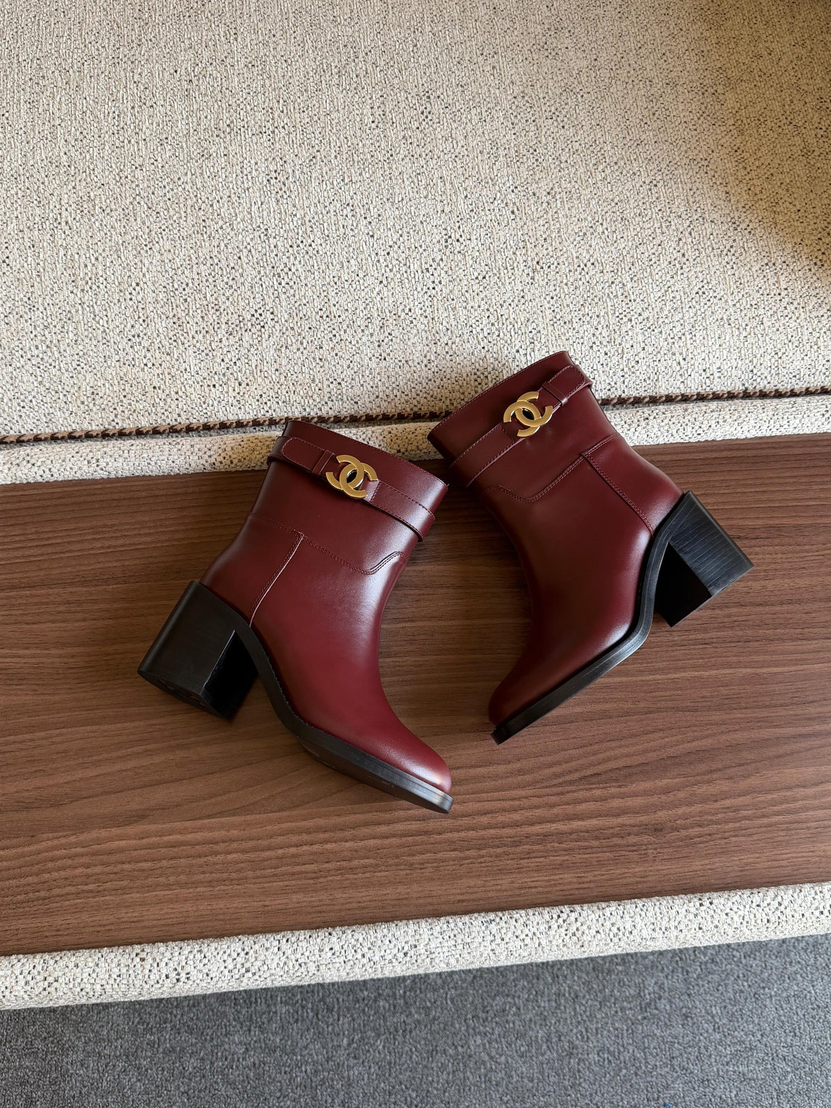 Chanel Burgundy Leather CC Logo Buckle Ankle Boots