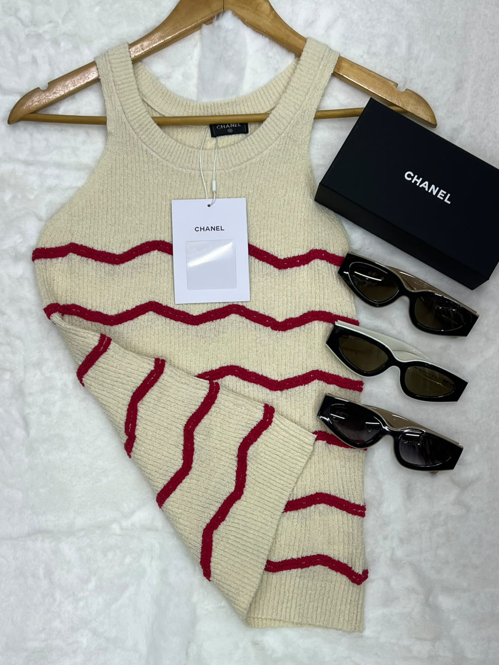 Chanel Wave Striped Ribbed Knit Tank Top