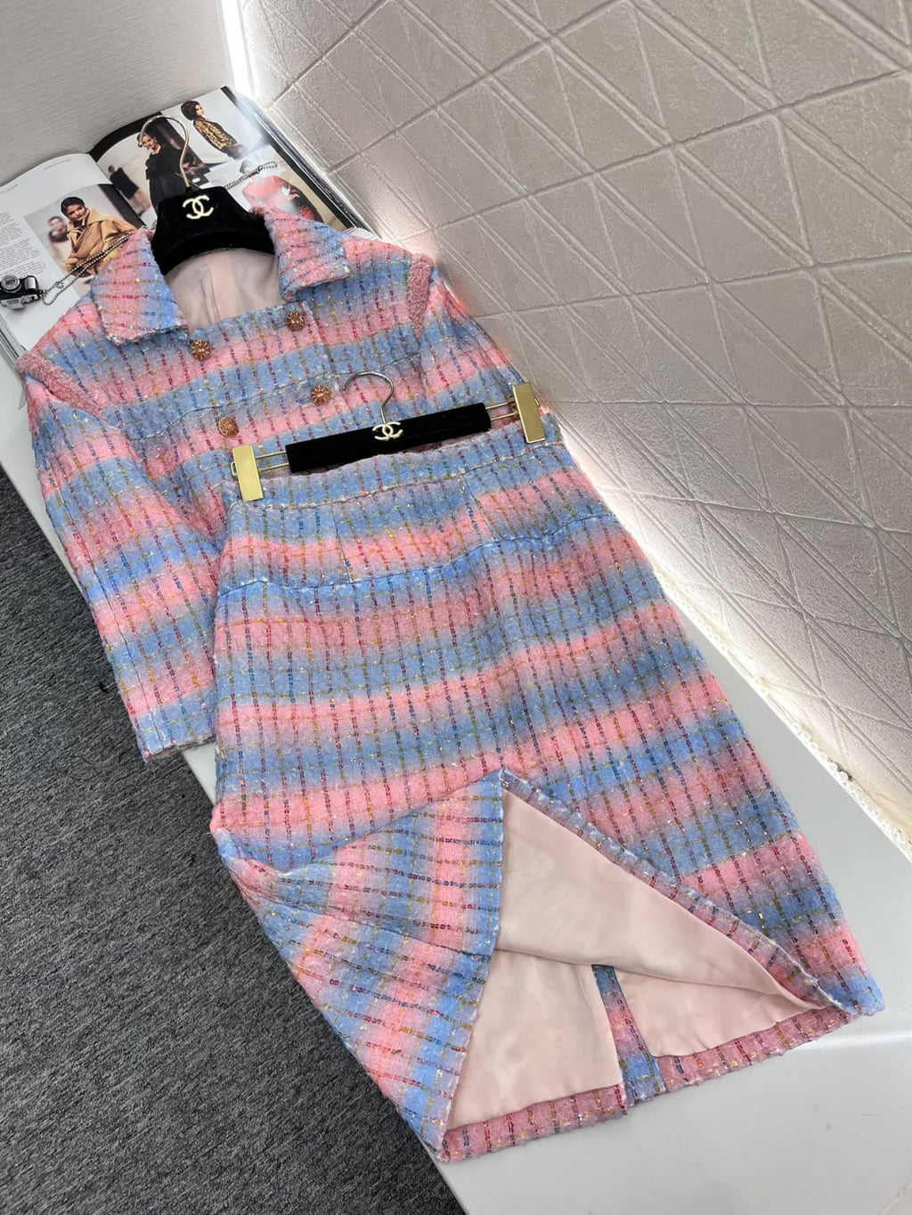Chanel Striped Tweed Jacket and Midi Skirt Set