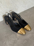 Chanel Black & Gold Cap-Toe Slingback Block Heel Pumps