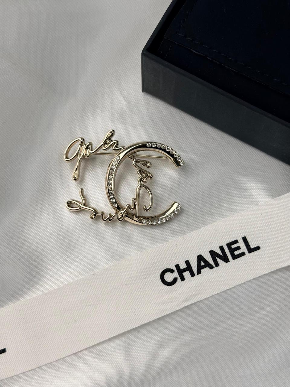 Chanel Crystal CC Script Logo Brooch