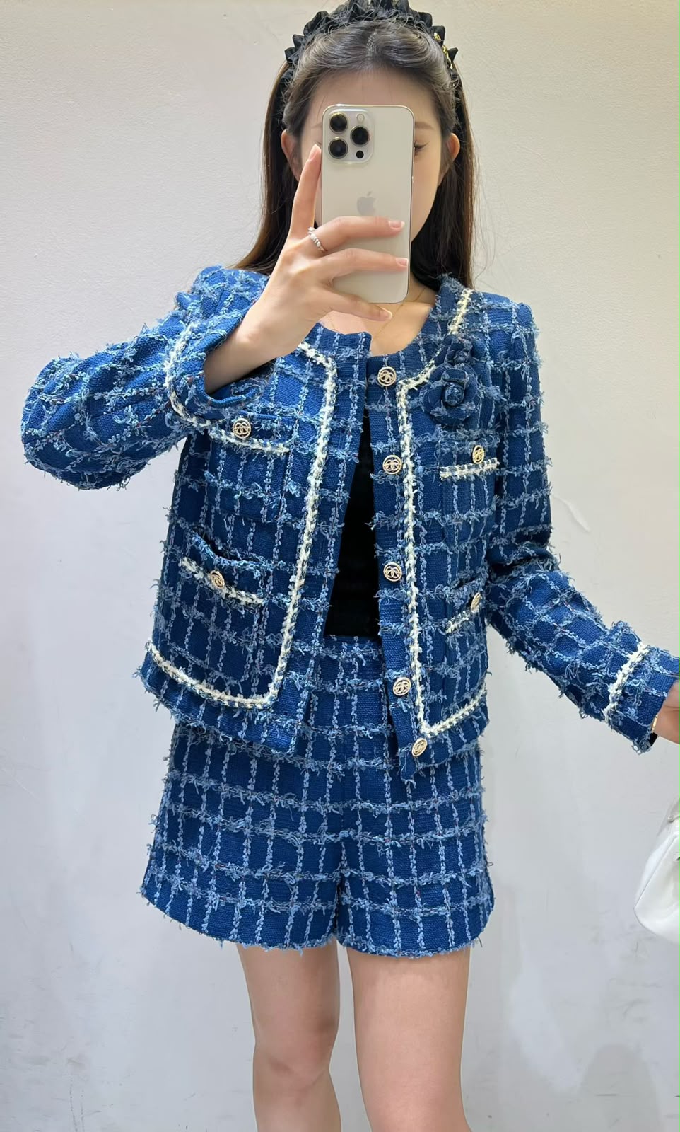 Chanel Tweed Jacket and Skirt/Shorts Set with Camellia Brooch