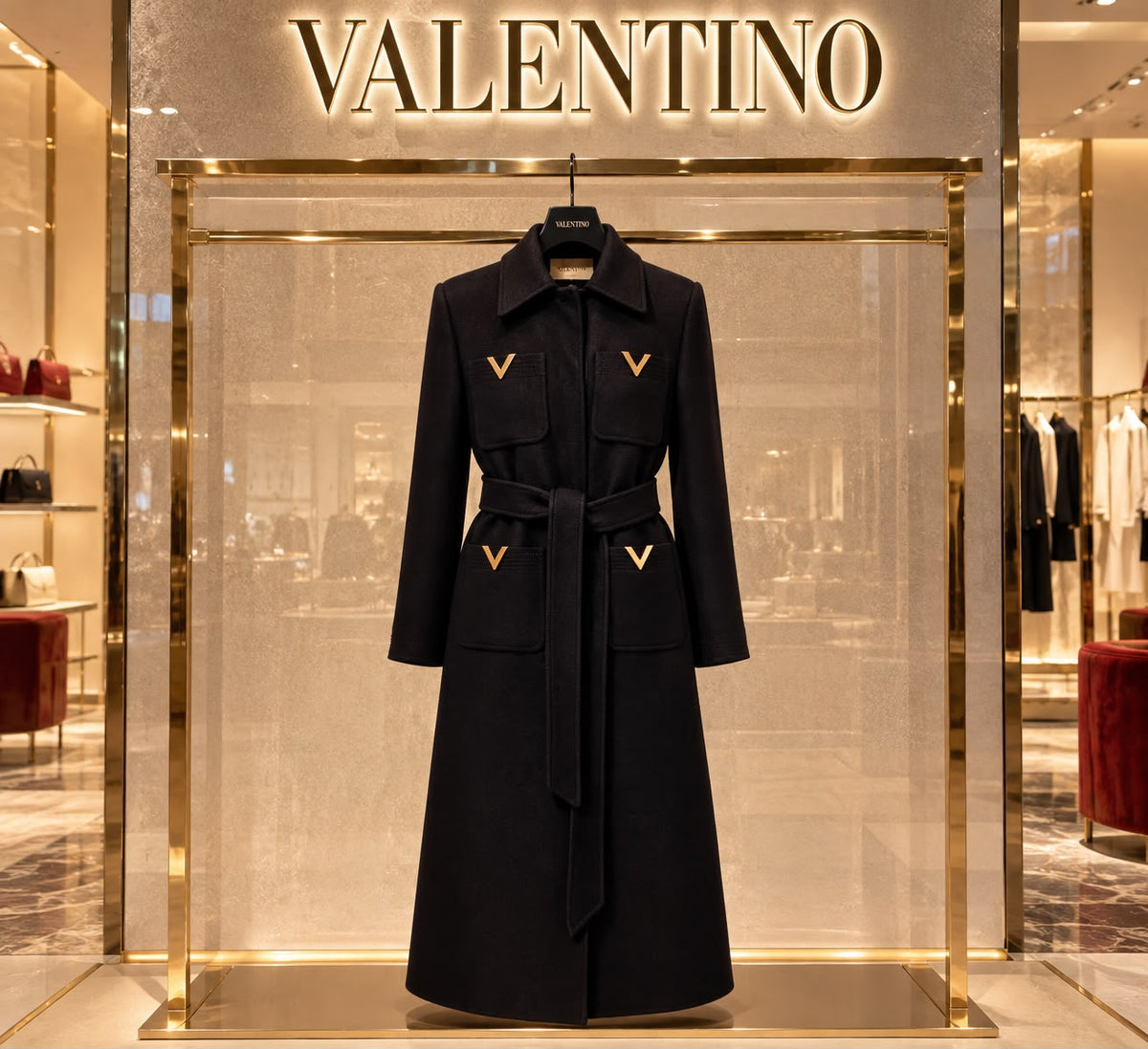 Valentino Long Wool Coat with Belt and Gold V Hardware Details