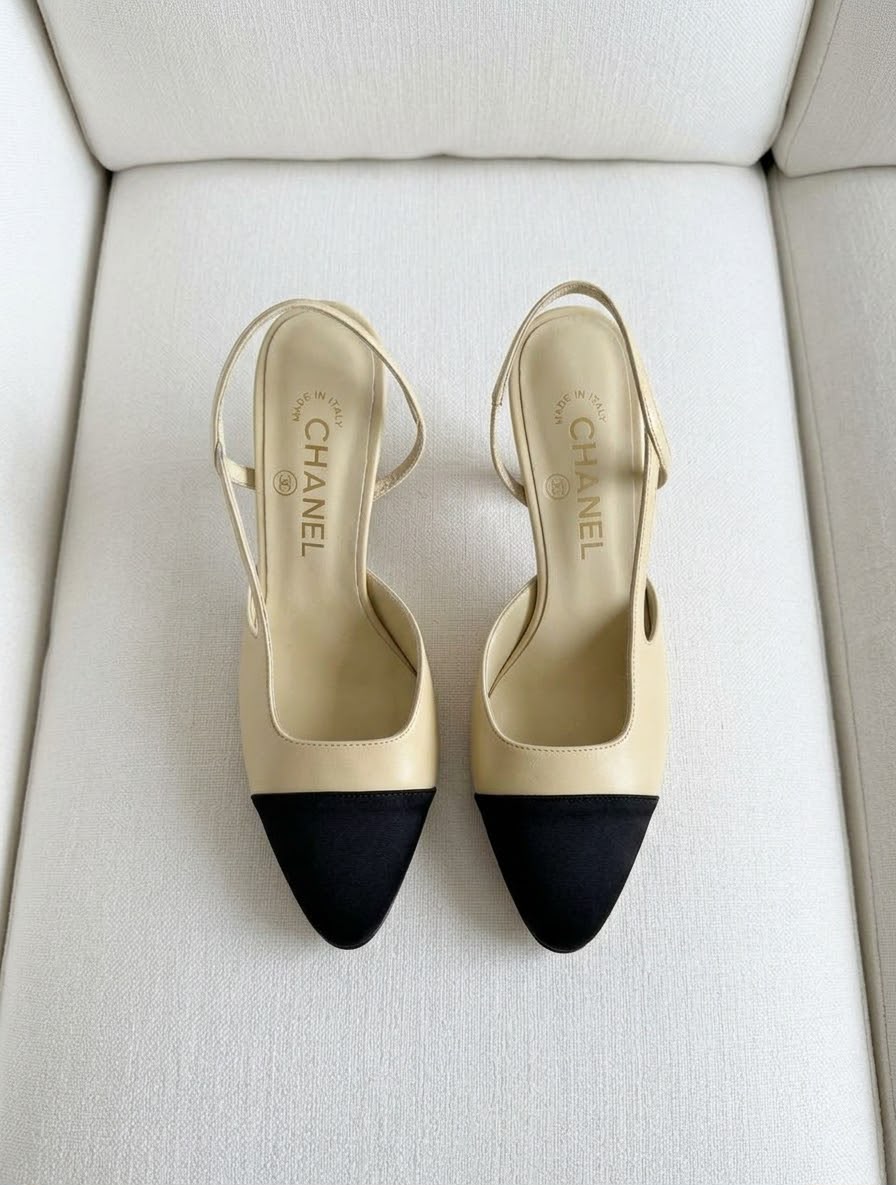 Chanel Iconic Two-Tone Cap-Toe Slingback Pumps