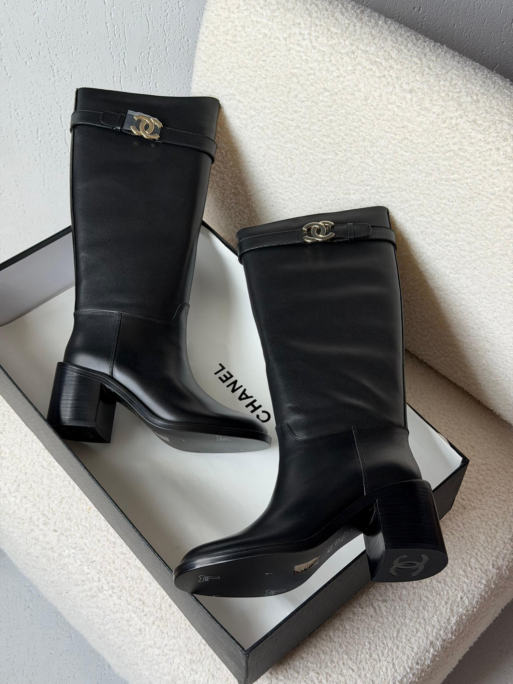 Chanel CC Logo Leather Knee-High Boots