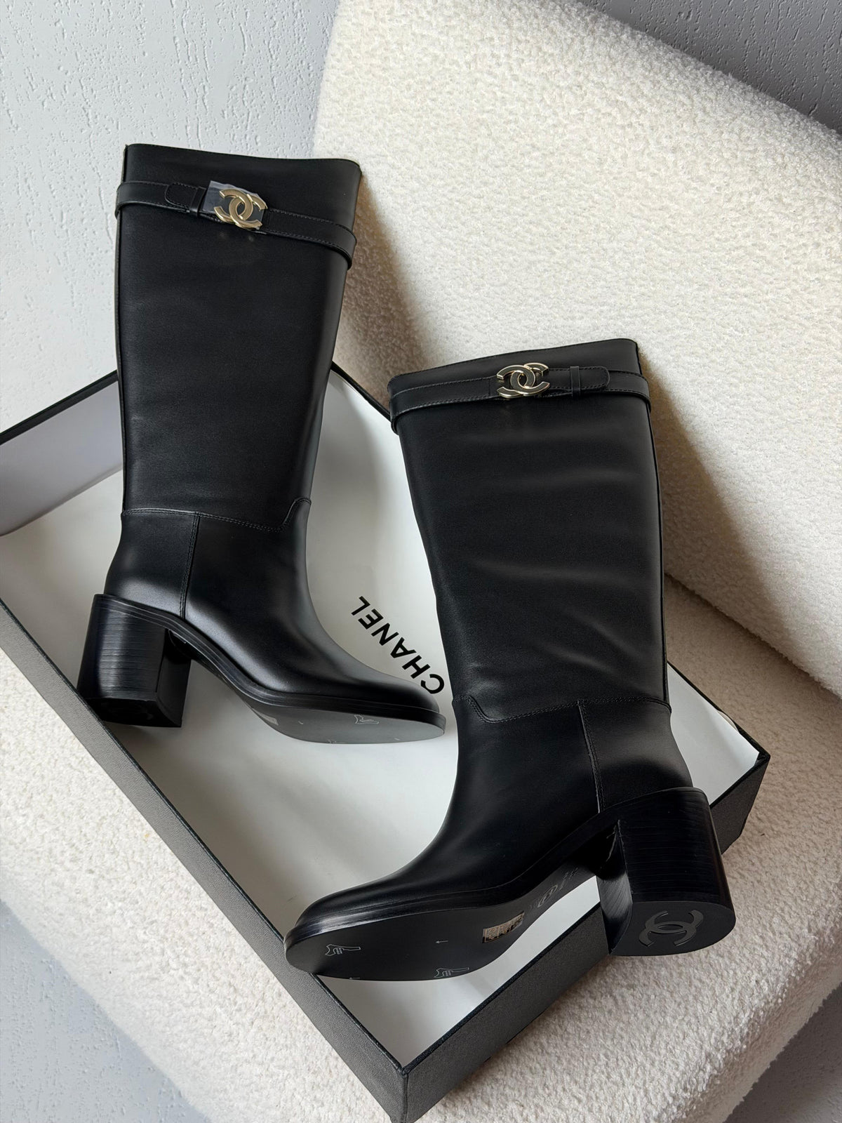 Chanel CC Logo Leather Knee-High Boots