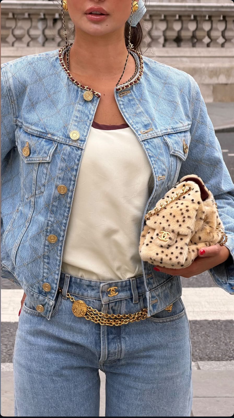 CHANEL — Quilted Denim Jacket with Chain Trim & Gold CC Buttons