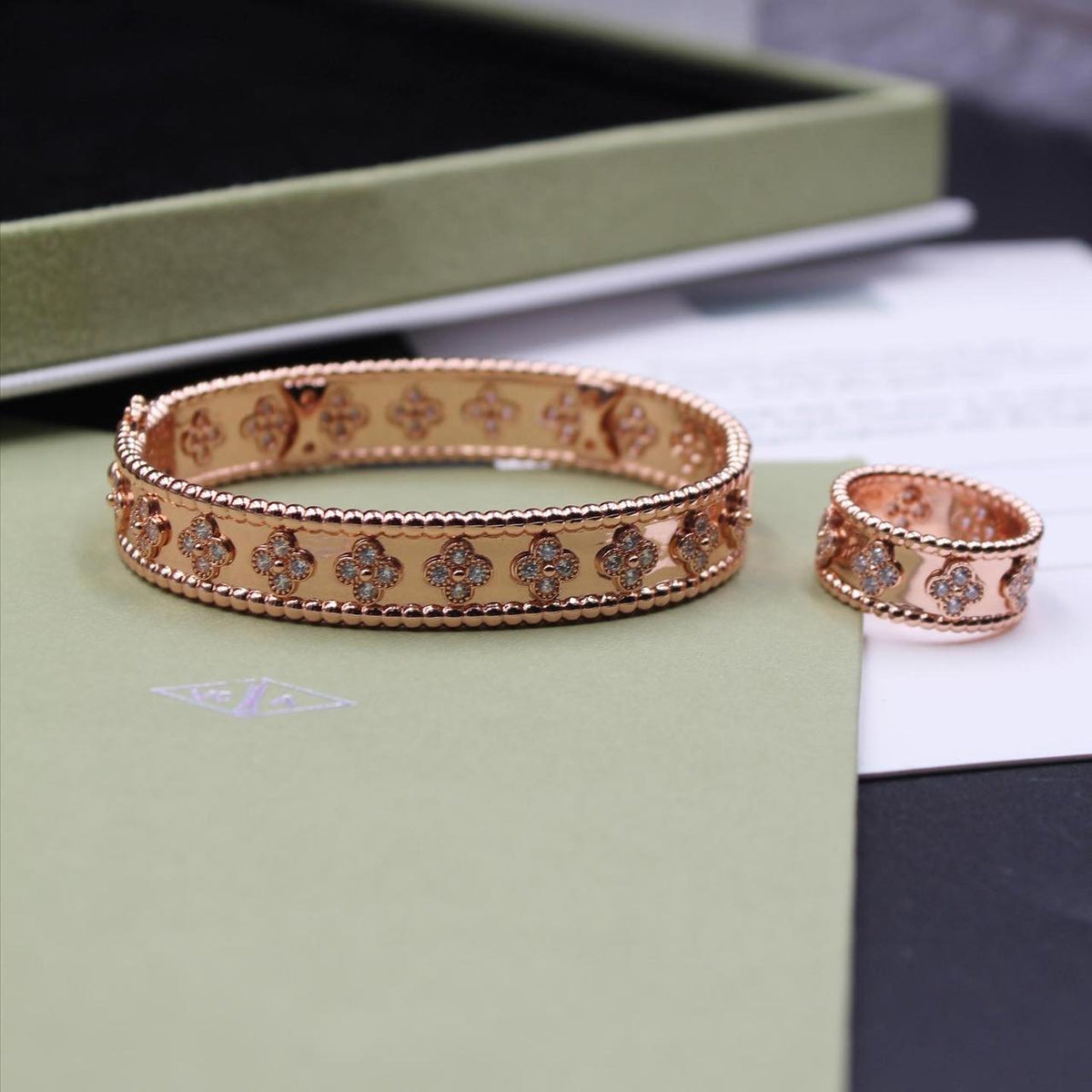 Van Cleef Wide Clover Gold Ring and Bracelet Set
