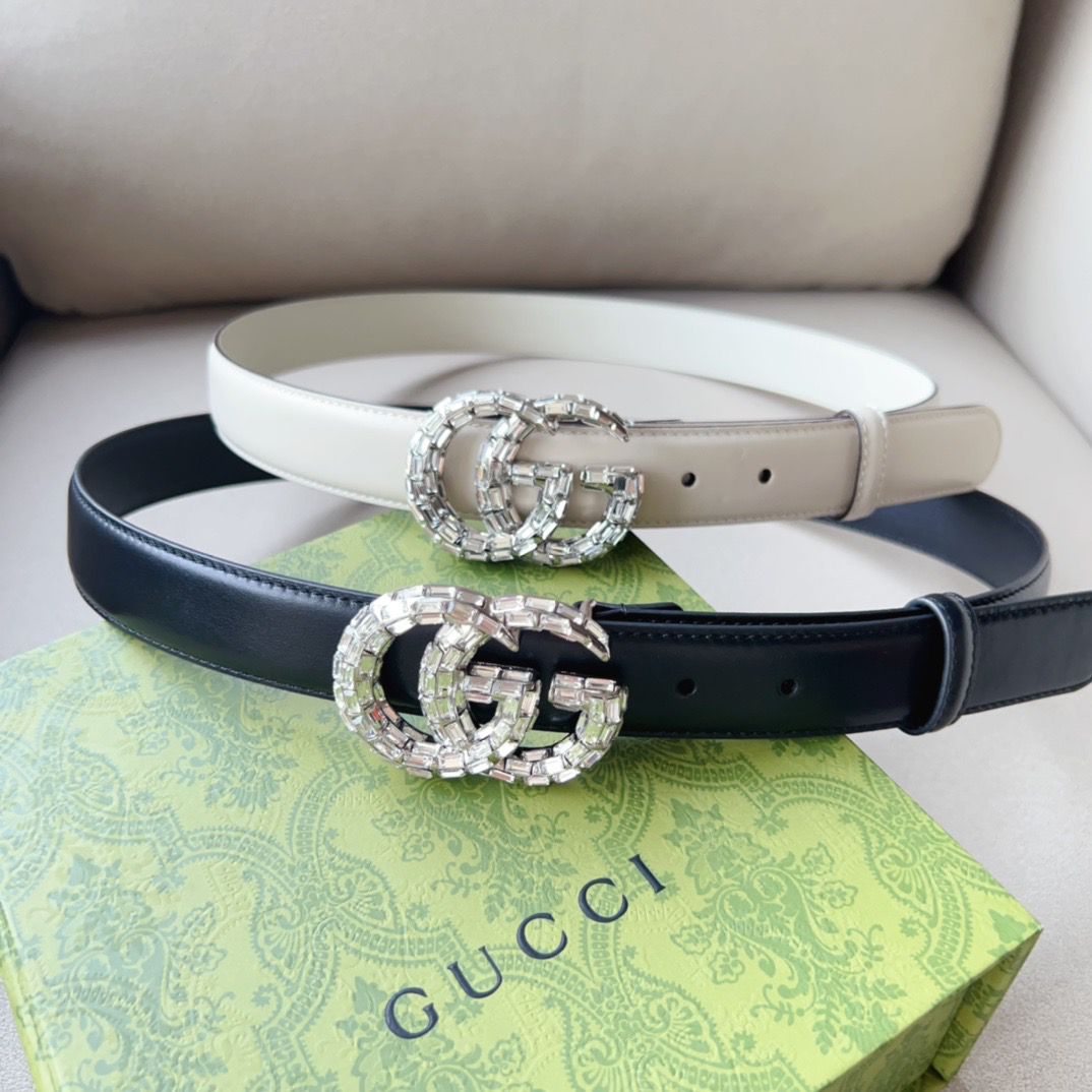 GUCCI Crystal Double G Leather Belt