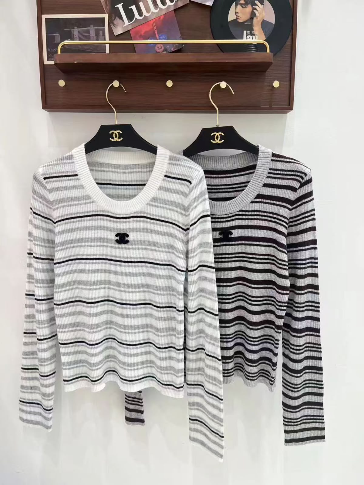 Chanel Striped Ribbed Knit Long-Sleeve Pullover Top with CC Logo