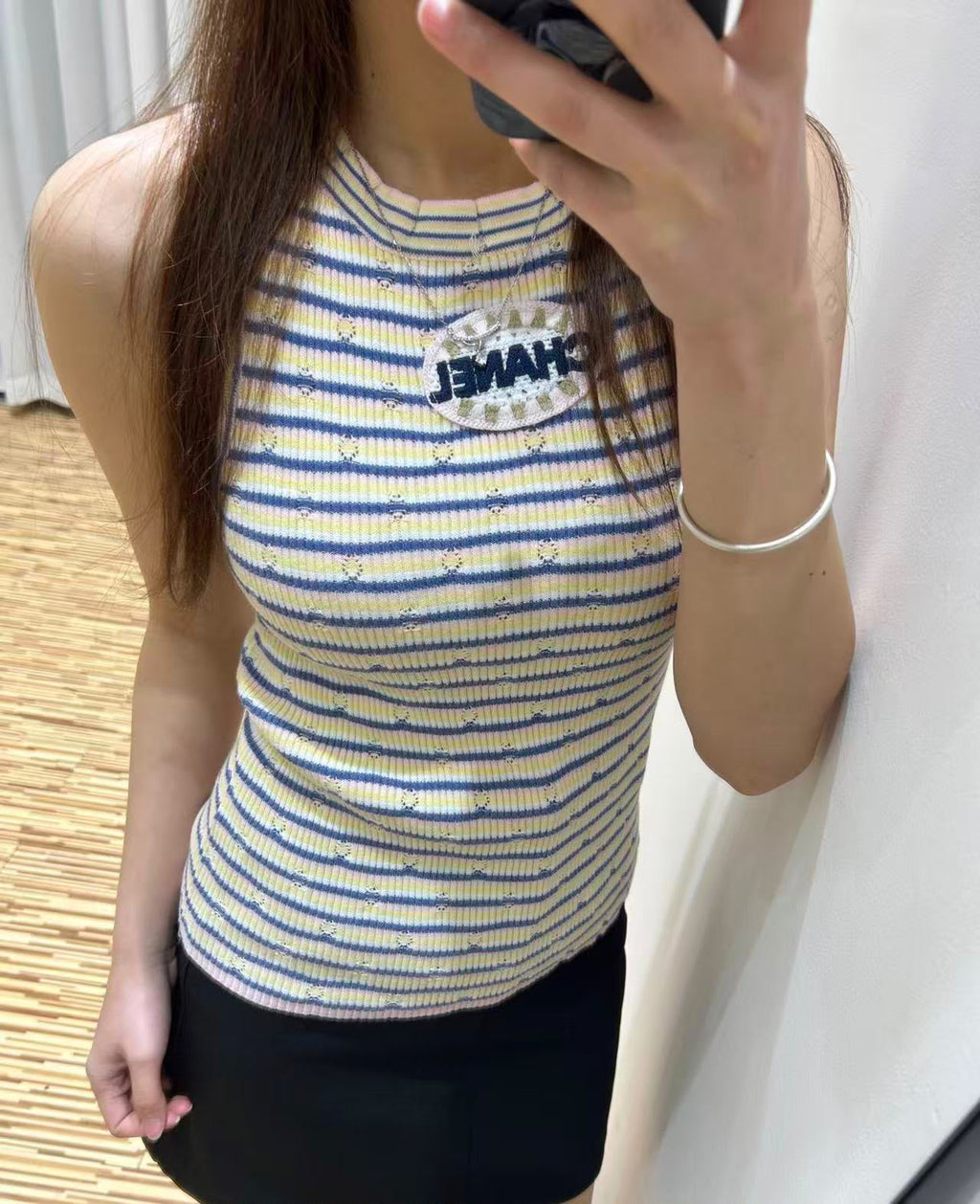 Chanel Striped Logo Patch Knit Tank Top