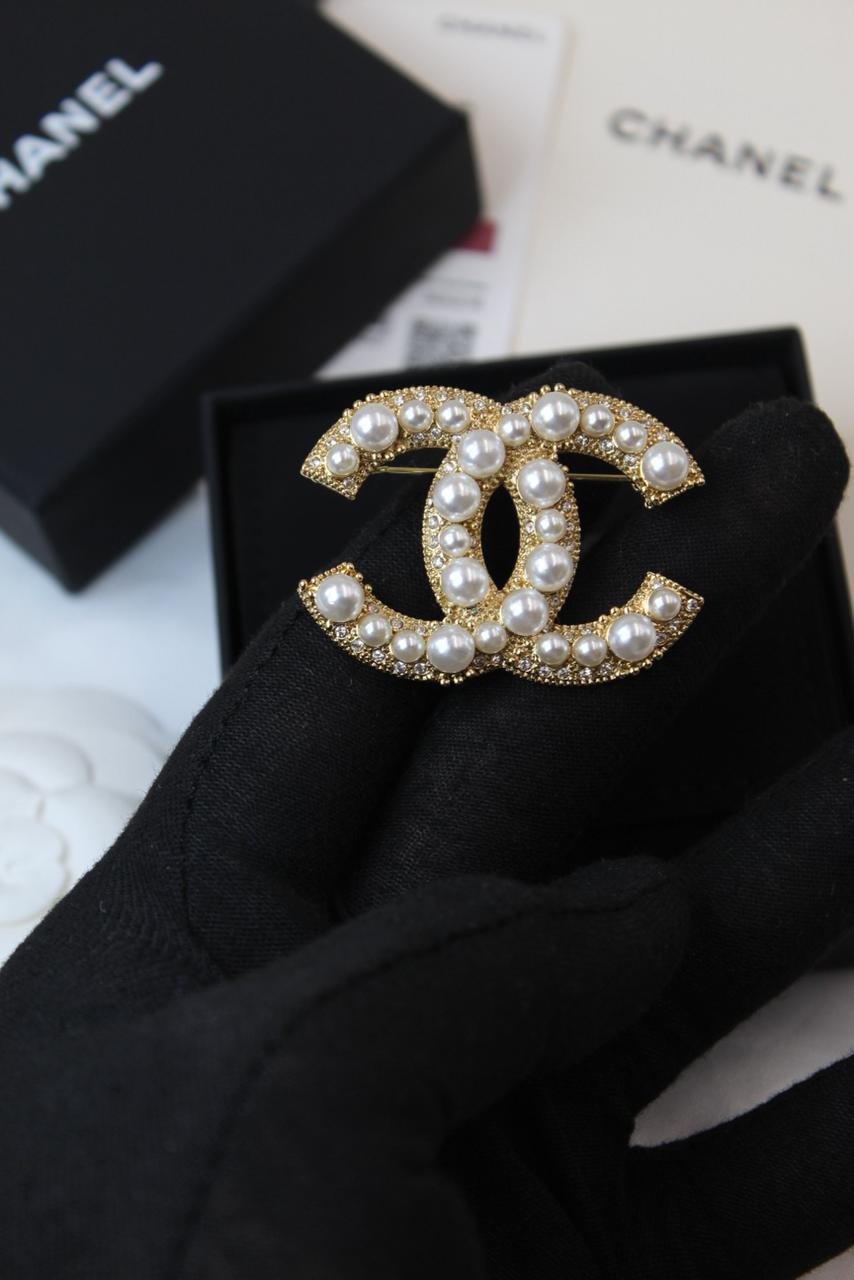 Chanel-Inspired Gold-Tone CC Pearl & Crystal Brooch