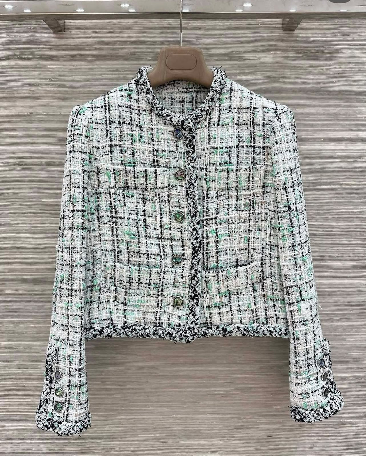 Chanel Light Mint Green & Black Plaid Tweed Fringe Trim Jacket