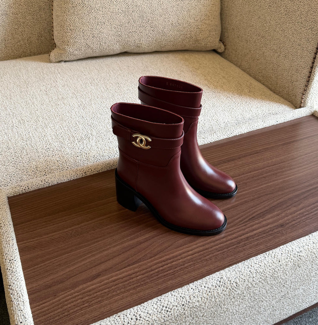 Chanel Burgundy Leather CC Logo Buckle Ankle Boots