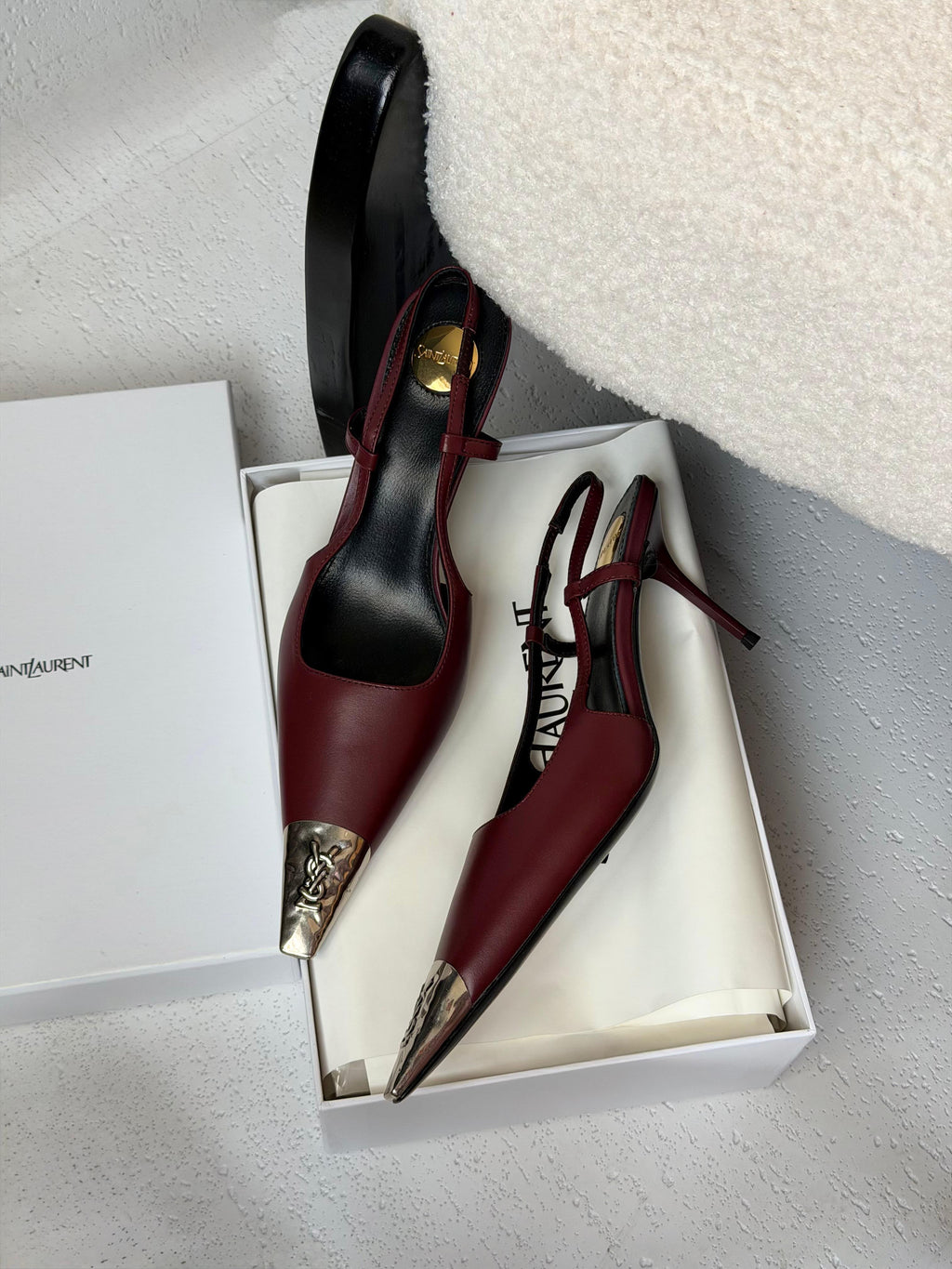 Saint Laurent Jeanne Leather Slingback Pumps with Metal Cap Toe