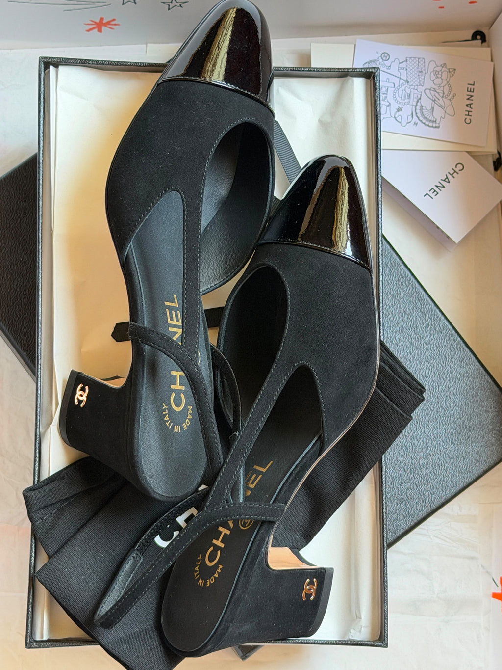 Chanel Black Tweed & Patent Cap-Toe Slingback Block Heel Pumps