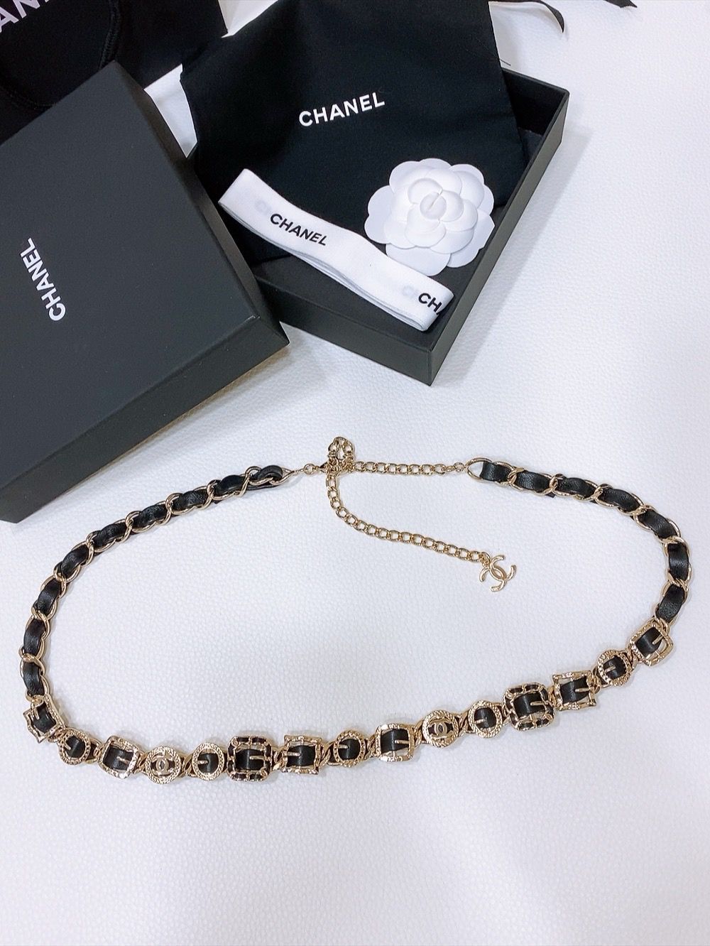 CHANEL Gold-Tone CC Leather Chain Belt